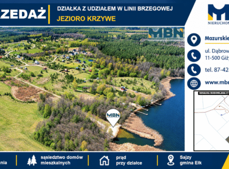 Działka budowlana z linią brzegową jeziora Krzywe